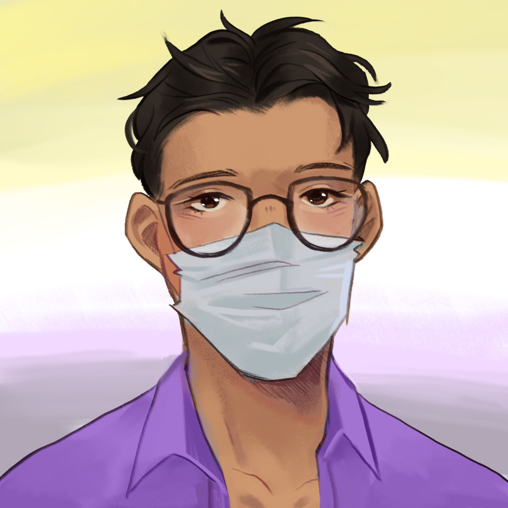 Digital painting of a standard headshot showing a person looking at the camera. The person is wearing a purple shirt with black glasses and a white mask, and looks tired. The background is a gradient from purple at the bottom to white to yellow.