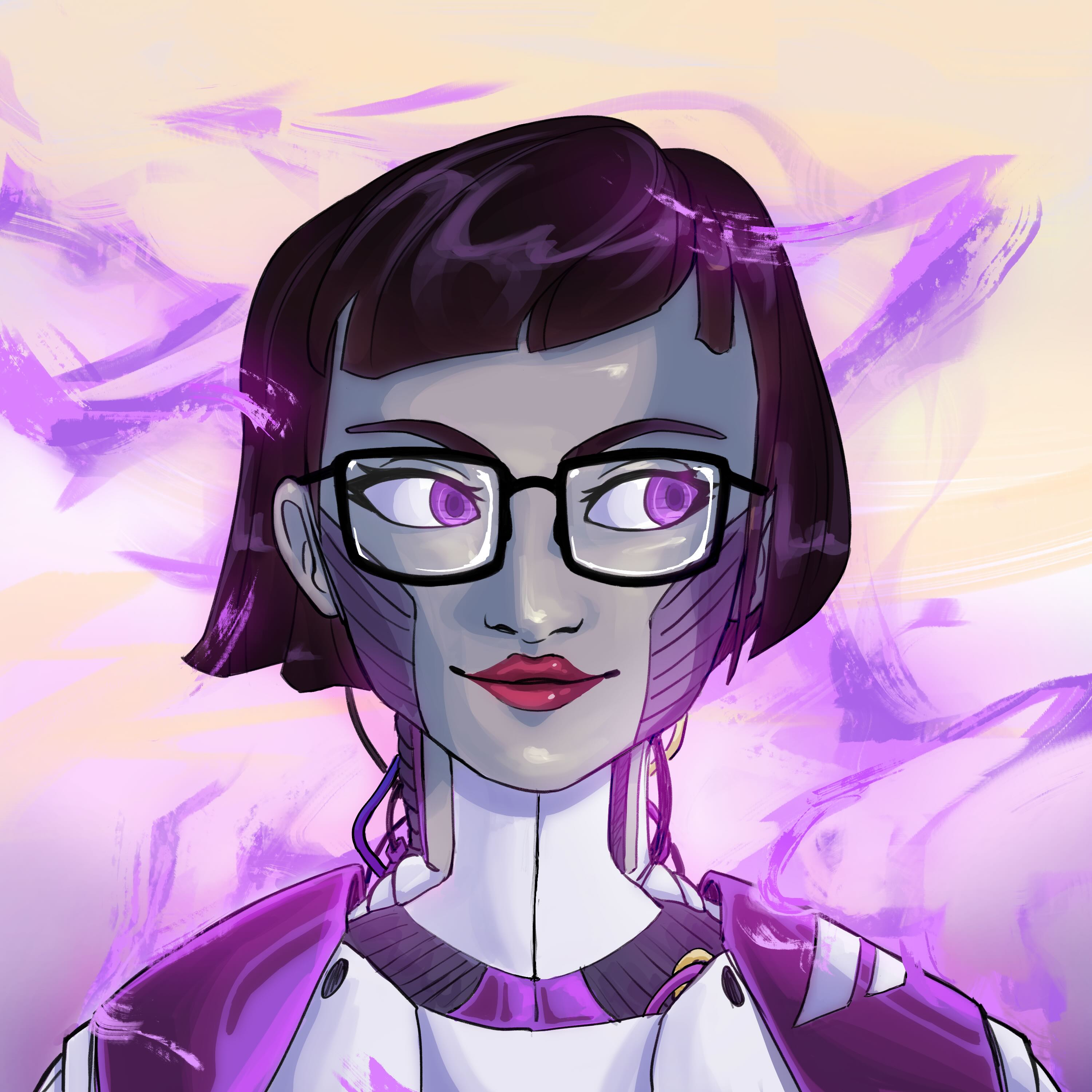 Digital painting of a standard headshot showing a person looking at the camera. The person has gray skin, a partly robotic body connected to their head with wires, and is wearing glasses, and looks tired. The background is energy swirls of purple and yellow corresponding to the nonbinary flag.